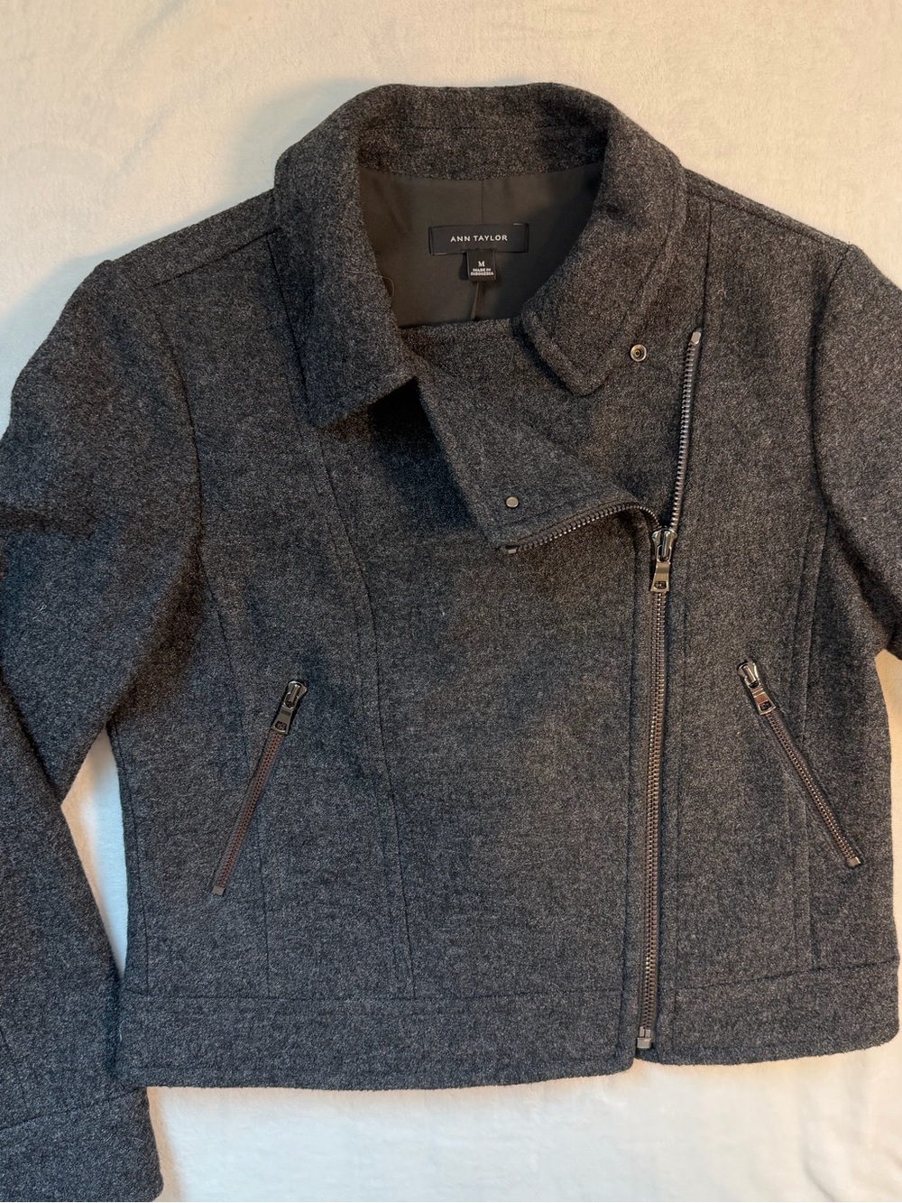 Ann Taylor Dark Charcoal Zip-Front Wool Blend Moto Jacket